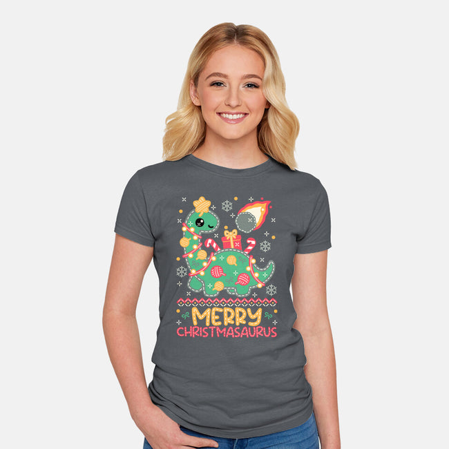 Merry Christmasaurus-Womens-Fitted-Tee-NemiMakeit