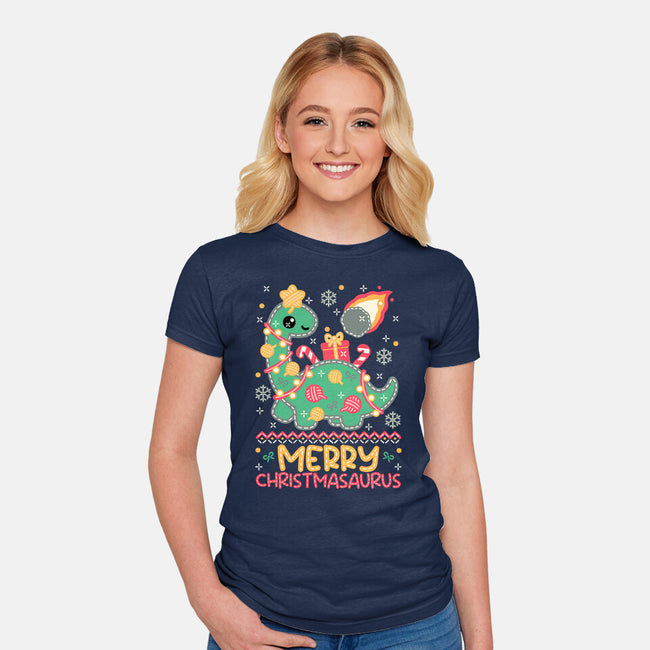Merry Christmasaurus-Womens-Fitted-Tee-NemiMakeit