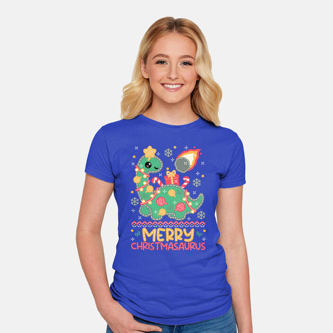 Merry Christmasaurus-Womens-Fitted-Tee-NemiMakeit