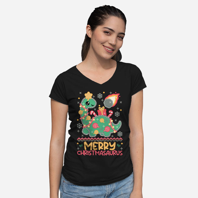Merry Christmasaurus-Womens-V-Neck-Tee-NemiMakeit