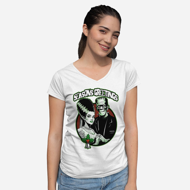 Seasons Greetings Frankie And Bride-Womens-V-Neck-Tee-palmstreet