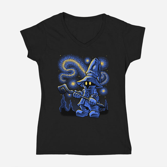 Black Mage Starry Night-Womens-V-Neck-Tee-Astrobot Invention