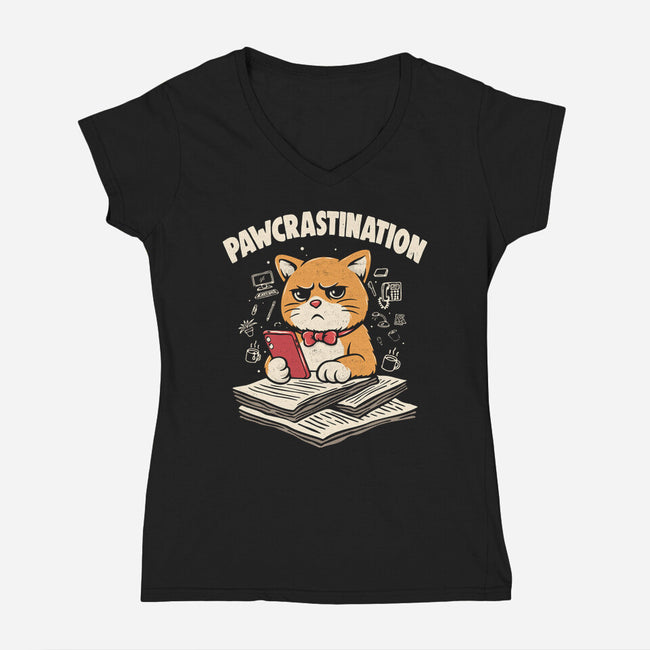 Pawcrastination-Womens-V-Neck-Tee-Marinho