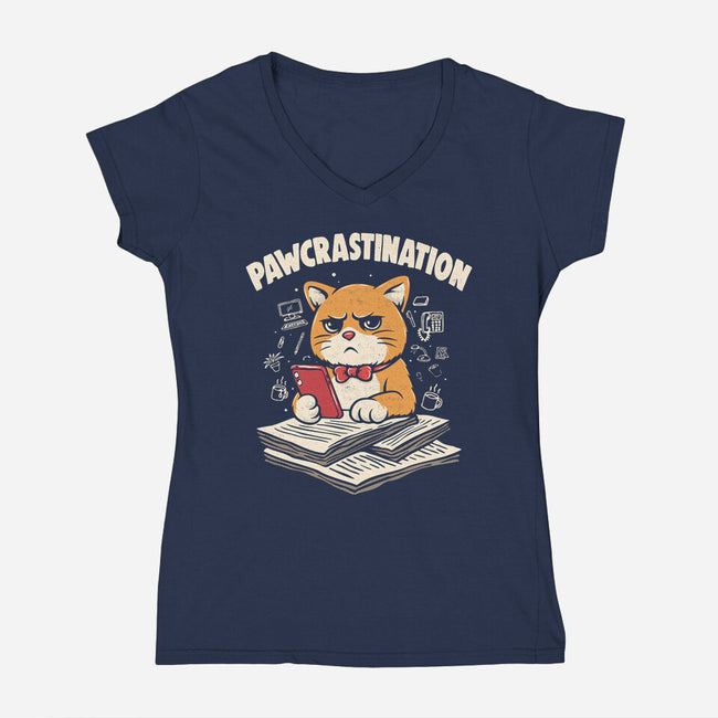 Pawcrastination-Womens-V-Neck-Tee-Marinho