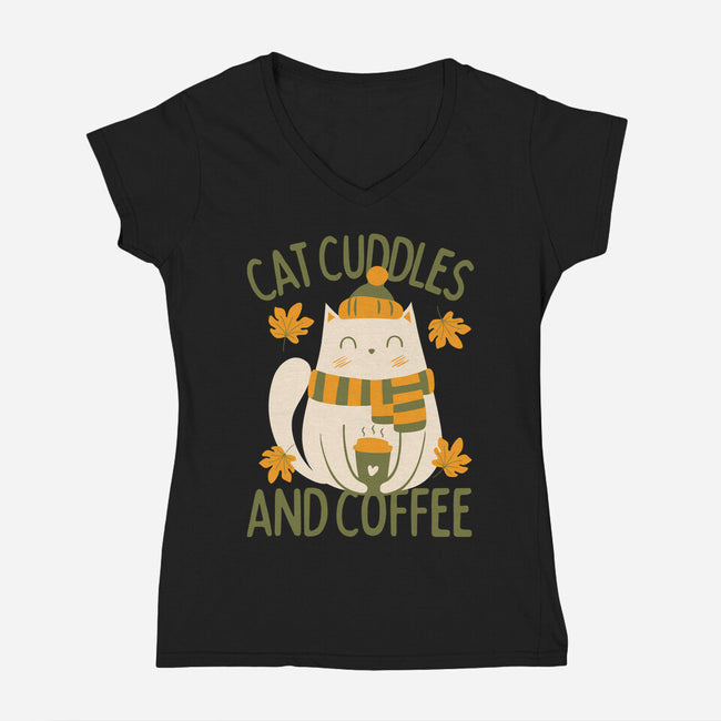 Cat Cuddles And Coffee-Womens-V-Neck-Tee-brunopires