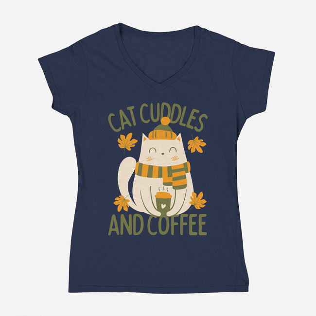 Cat Cuddles And Coffee-Womens-V-Neck-Tee-brunopires
