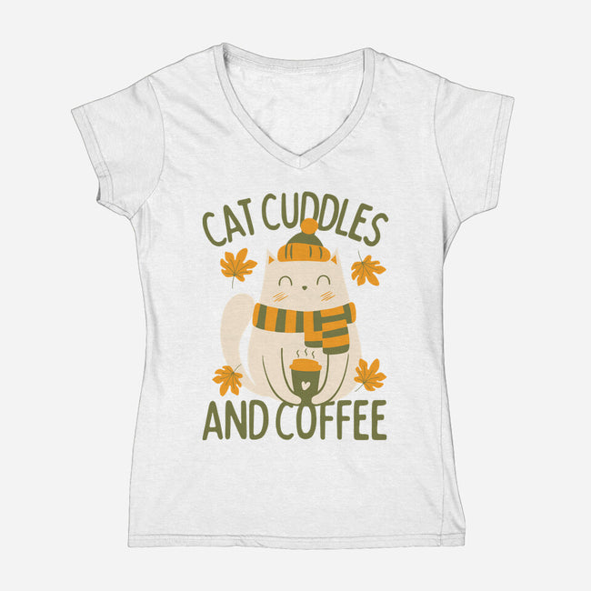 Cat Cuddles And Coffee-Womens-V-Neck-Tee-brunopires