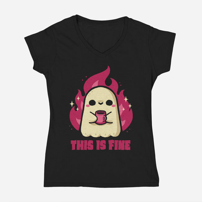 This Is Fine Ghost Coffee-Womens-V-Neck-Tee-xMorfina
