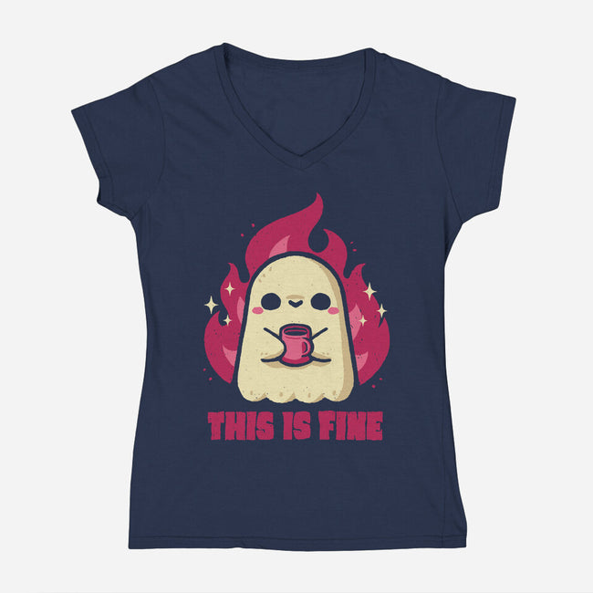 This Is Fine Ghost Coffee-Womens-V-Neck-Tee-xMorfina
