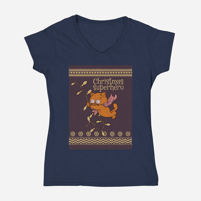 Christmas Superhero-Womens-V-Neck-Tee-imisko