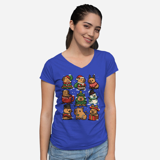 Christmas Capybaras-Womens-V-Neck-Tee-GoshWow