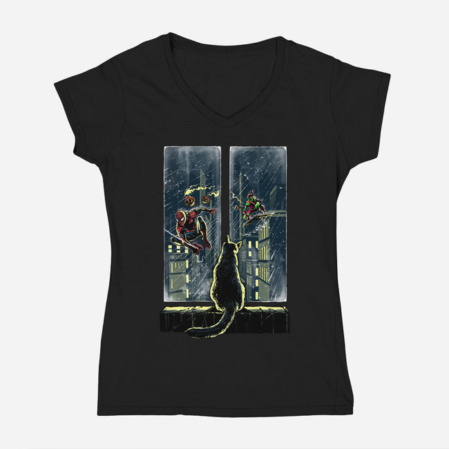 Curious Cat Superheroes-Womens-V-Neck-Tee-zascanauta