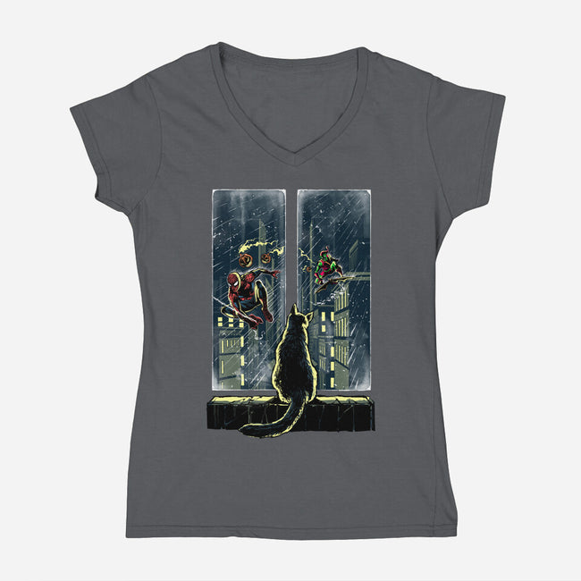 Curious Cat Superheroes-Womens-V-Neck-Tee-zascanauta
