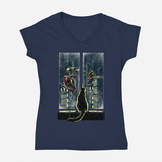 Curious Cat Superheroes-Womens-V-Neck-Tee-zascanauta