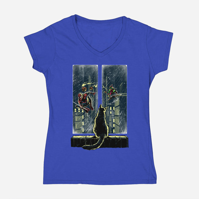 Curious Cat Superheroes-Womens-V-Neck-Tee-zascanauta