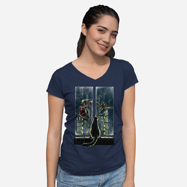 Curious Cat Superheroes-Womens-V-Neck-Tee-zascanauta