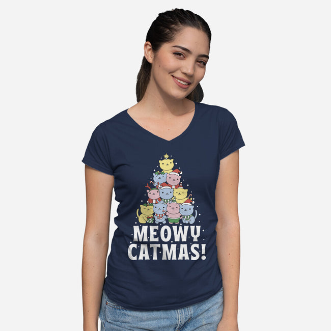 Meowy Catmas-Womens-V-Neck-Tee-brunopires