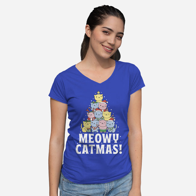 Meowy Catmas-Womens-V-Neck-Tee-brunopires