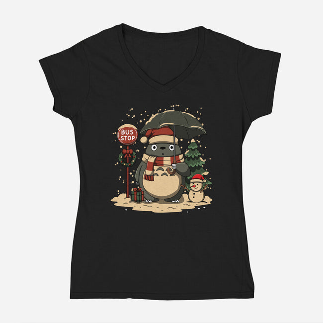 Totoro Winter Bus Stop-Womens-V-Neck-Tee-JamesQJO