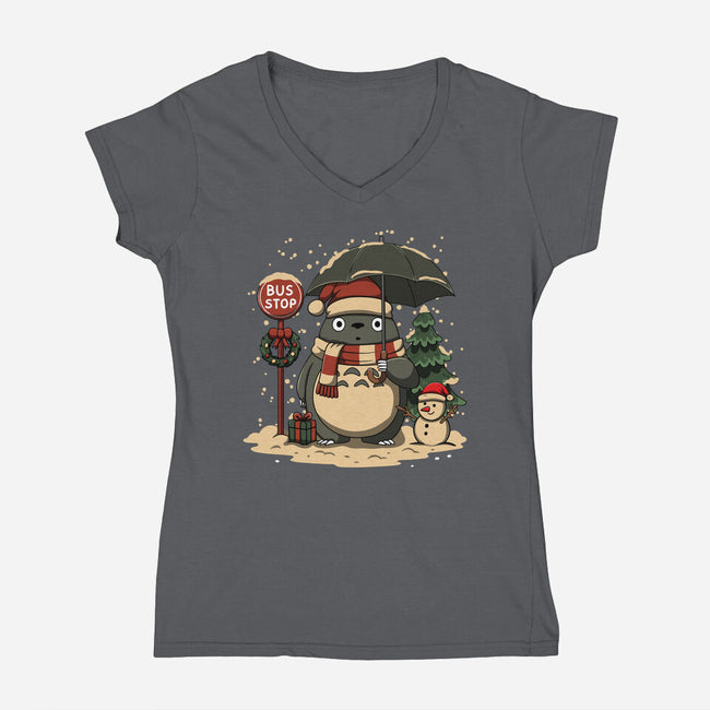 Totoro Winter Bus Stop-Womens-V-Neck-Tee-JamesQJO