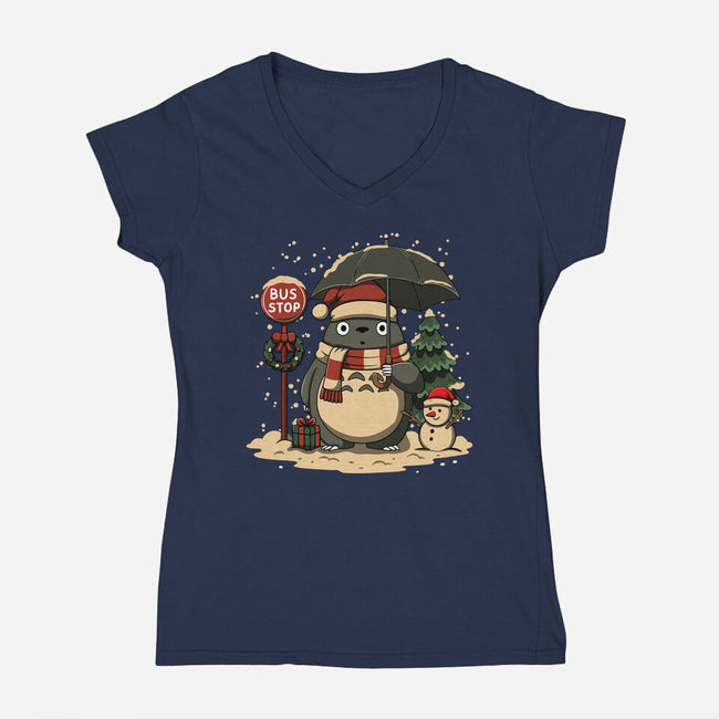 Totoro Winter Bus Stop-Womens-V-Neck-Tee-JamesQJO