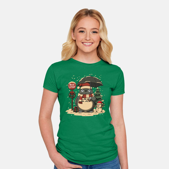 Totoro Winter Bus Stop-Womens-Fitted-Tee-JamesQJO