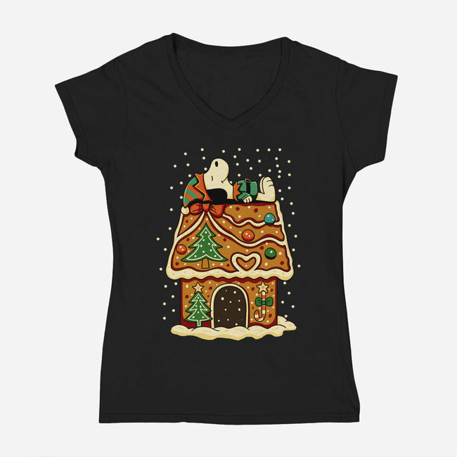 Snoopy On Gingerbread House-Womens-V-Neck-Tee-JamesQJO