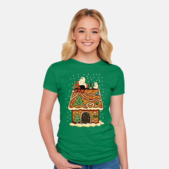 Snoopy On Gingerbread House-Womens-Fitted-Tee-JamesQJO