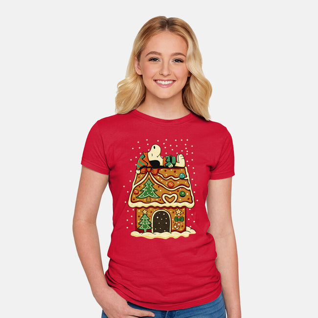 Snoopy On Gingerbread House-Womens-Fitted-Tee-JamesQJO