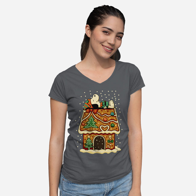 Snoopy On Gingerbread House-Womens-V-Neck-Tee-JamesQJO