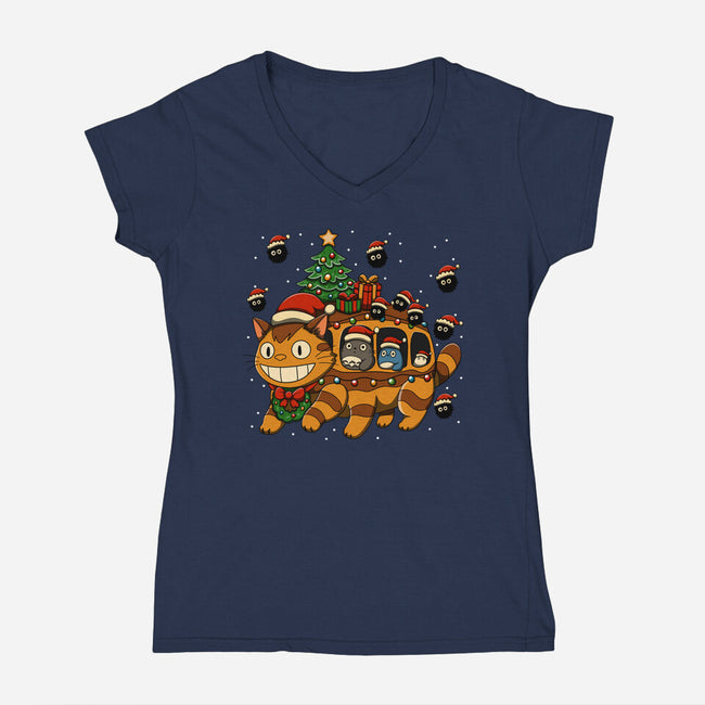 Catbus Christmas-Womens-V-Neck-Tee-JamesQJO