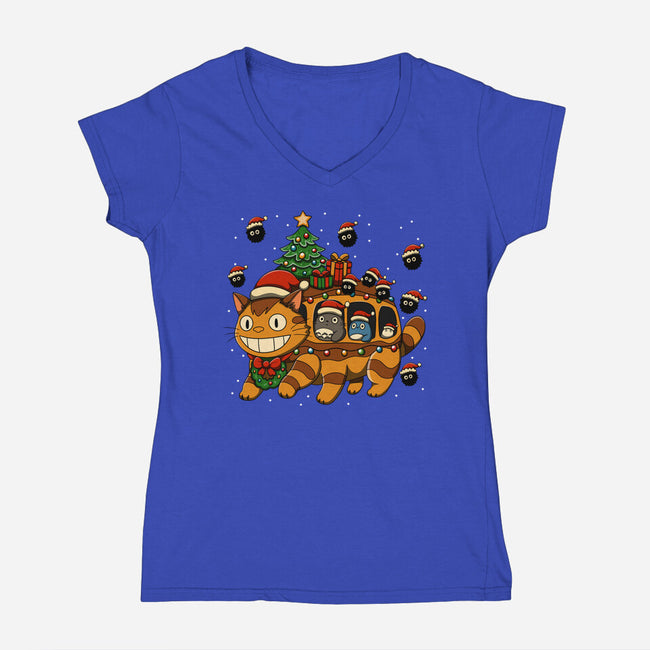 Catbus Christmas-Womens-V-Neck-Tee-JamesQJO
