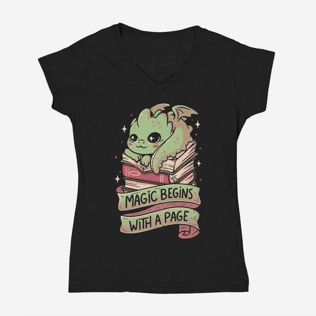 Magic Begins With A Page-Womens-V-Neck-Tee-koalastudio