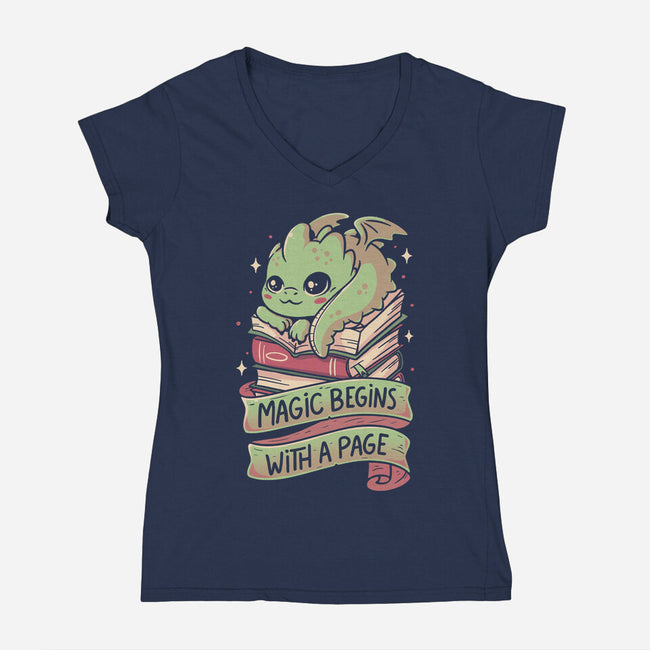 Magic Begins With A Page-Womens-V-Neck-Tee-koalastudio