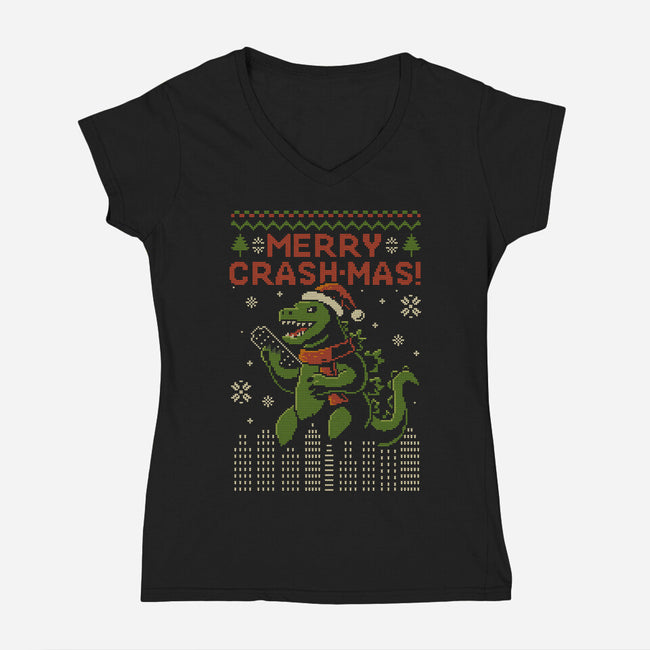 Christmas Godzilla-Womens-V-Neck-Tee-erion_designs