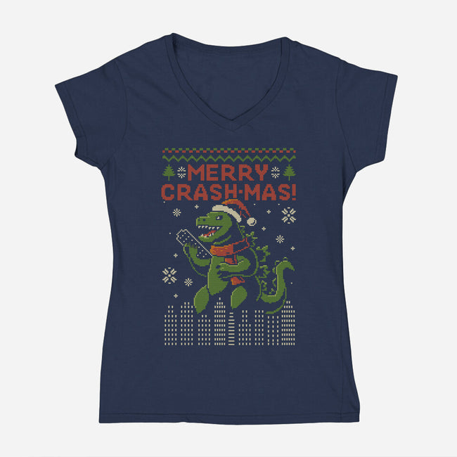 Christmas Godzilla-Womens-V-Neck-Tee-erion_designs