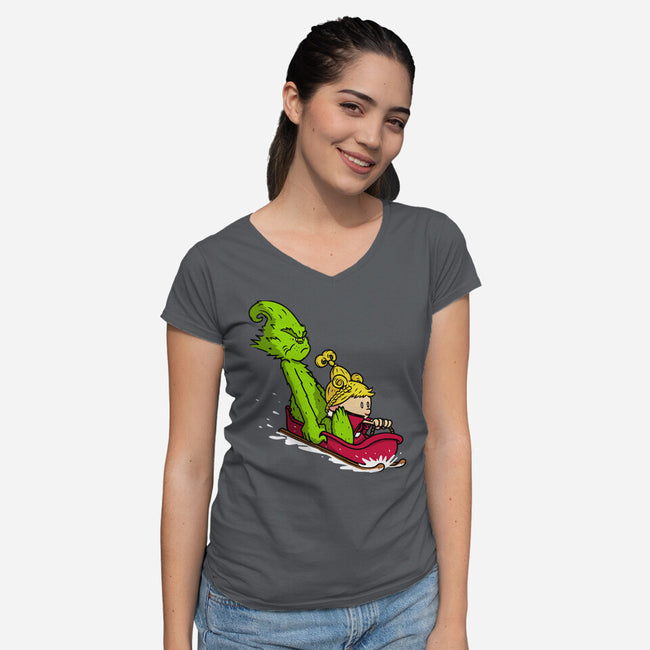 Sleigh Descent-Womens-V-Neck-Tee-Raffiti