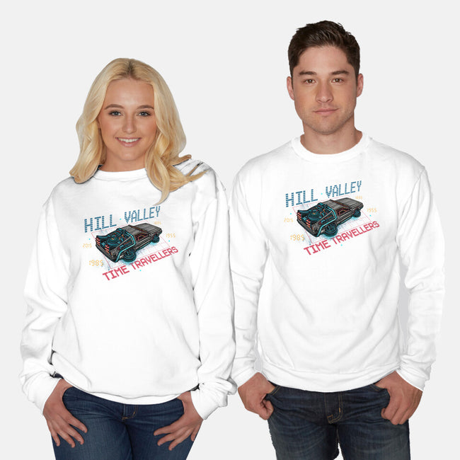 Hill Valley Travellers-Unisex-Crew Neck-Sweatshirt-glitchygorilla