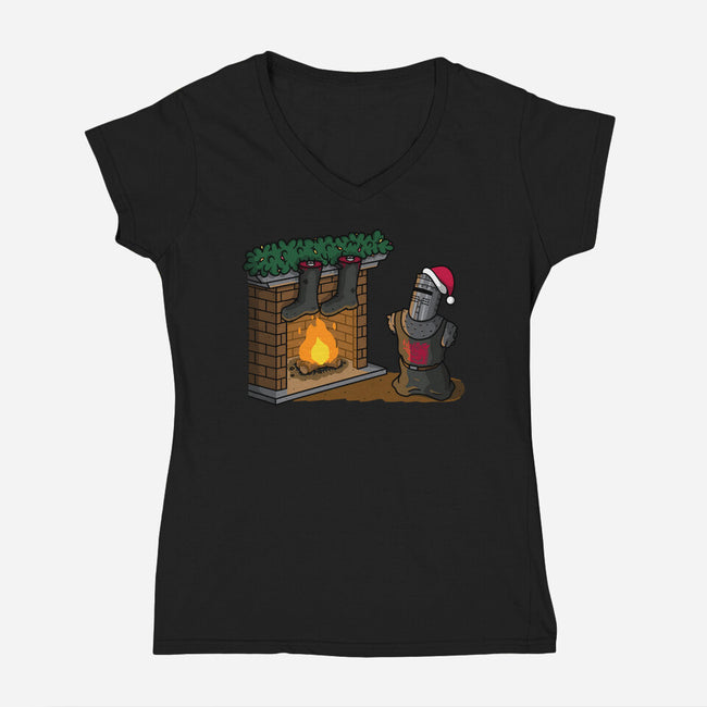 Black Knight Christmas-Womens-V-Neck-Tee-Raffiti