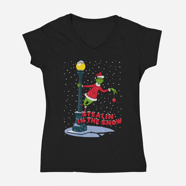 Stealin In The Snow-Womens-V-Neck-Tee-Getsousa!