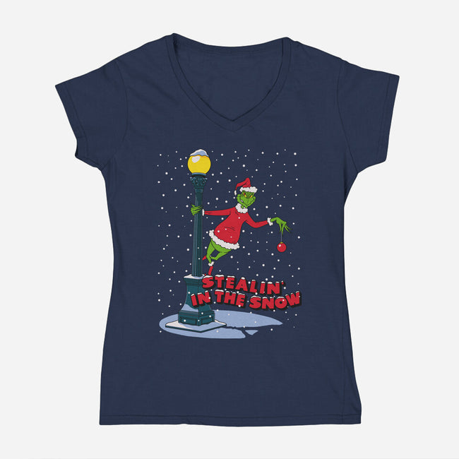Stealin In The Snow-Womens-V-Neck-Tee-Getsousa!