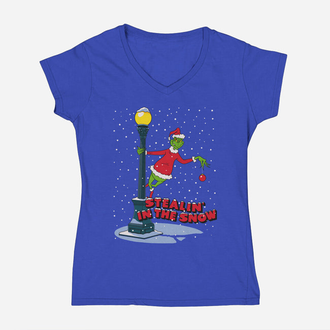 Stealin In The Snow-Womens-V-Neck-Tee-Getsousa!