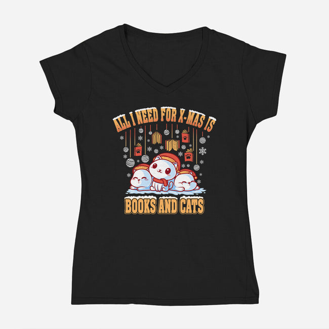 All I Need For Christmas Is Books And Cats-Womens-V-Neck-Tee-erion_designs