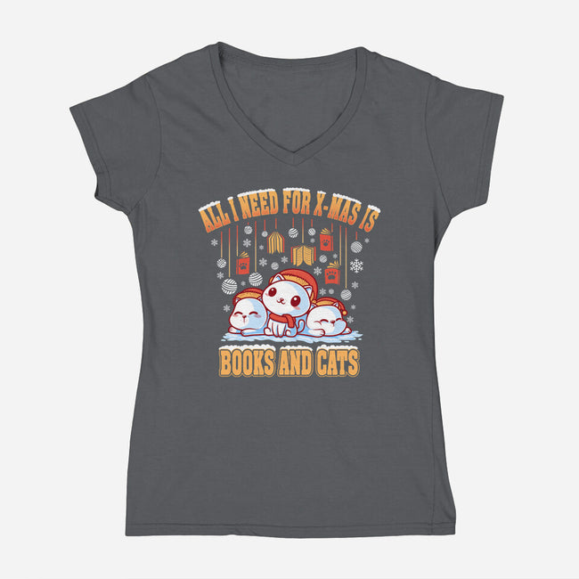 All I Need For Christmas Is Books And Cats-Womens-V-Neck-Tee-erion_designs