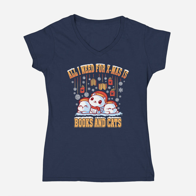 All I Need For Christmas Is Books And Cats-Womens-V-Neck-Tee-erion_designs