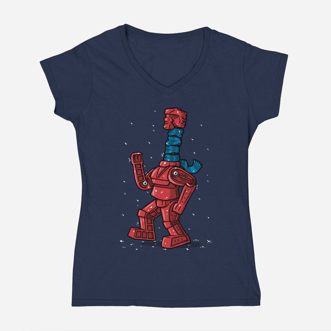 Robot Scarf-Womens-V-Neck-Tee-Raffiti