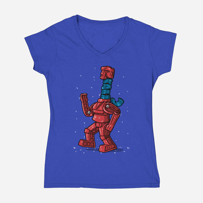 Robot Scarf-Womens-V-Neck-Tee-Raffiti