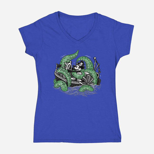 Steamboat And The Monster-Womens-V-Neck-Tee-glitchygorilla