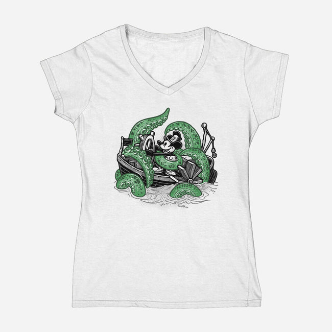 Steamboat And The Monster-Womens-V-Neck-Tee-glitchygorilla