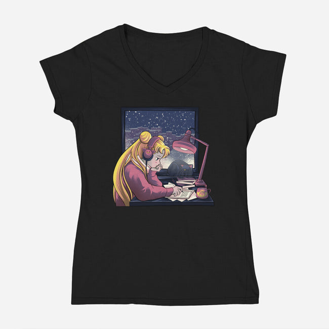 Lofi Moon Girl-Womens-V-Neck-Tee-rmatix